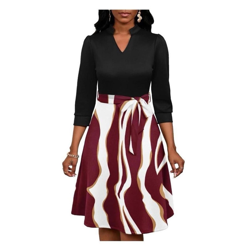 Women's Casual Flowy A-Line Midi Dress Flared V-Neck Colorblock Print